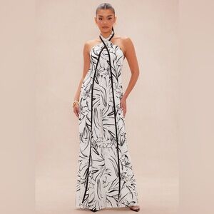 Fashion Nova Aaliyah Wide Leg Halter Jumpsuit Black White Print Size